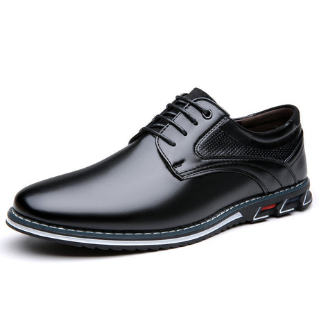 Black leather dress shoe on a white background with size information in red text.